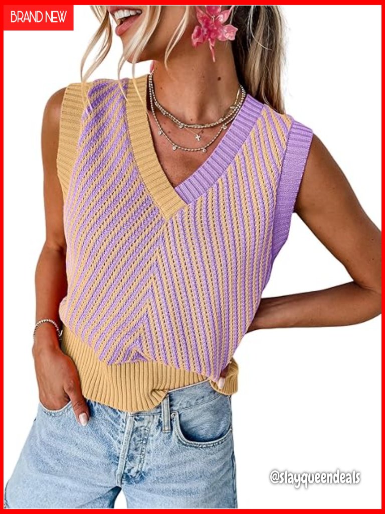 Sleeveless V-Neck Knit Sweater Vest Color Block Pullover Top